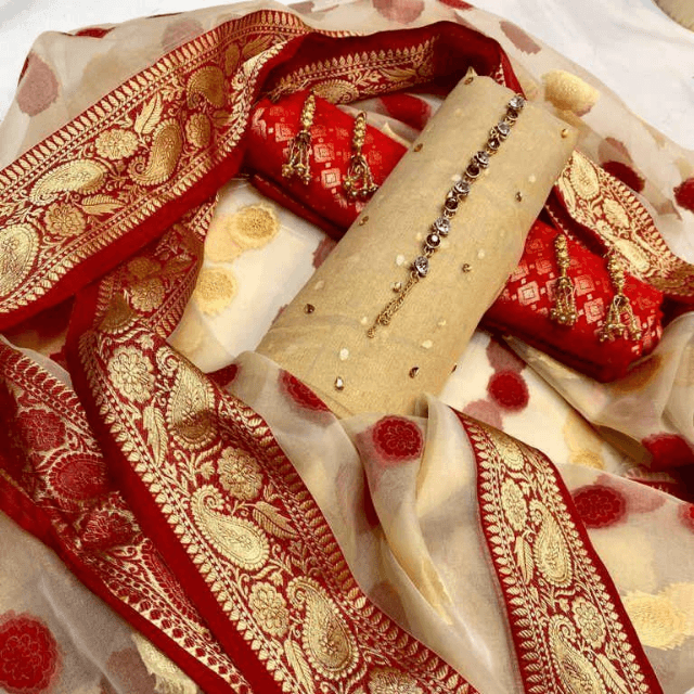 Jacquard:Maysoori,Organza, Jamawar Fancy Dress 3PC