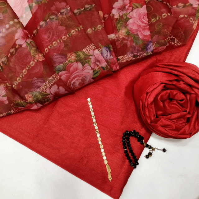 Raw Silk With Organza Dupatta 3PC